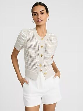 Express Beige & White Striped Short-Sleeve Knit Cardigan - Express